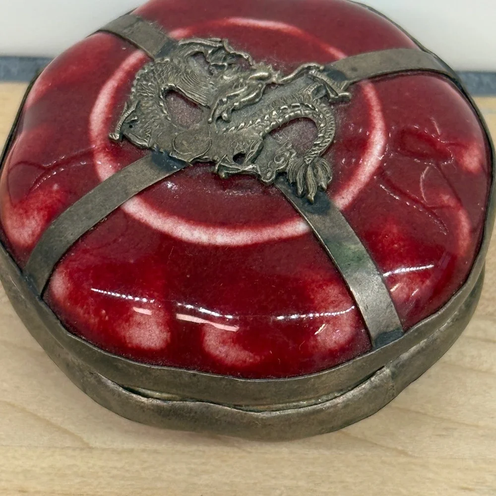 Vintage Chinese Dragon Porcelain Trinket Box Red stamped‎ Metal Wrap 2.5in raku